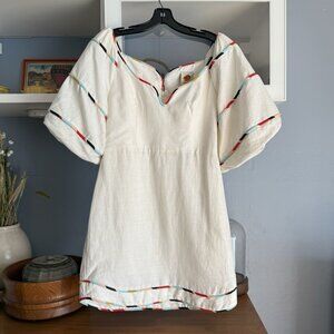 Farm Rio Colored Stripes Short Sleeve Mini Dress 100% Linen White